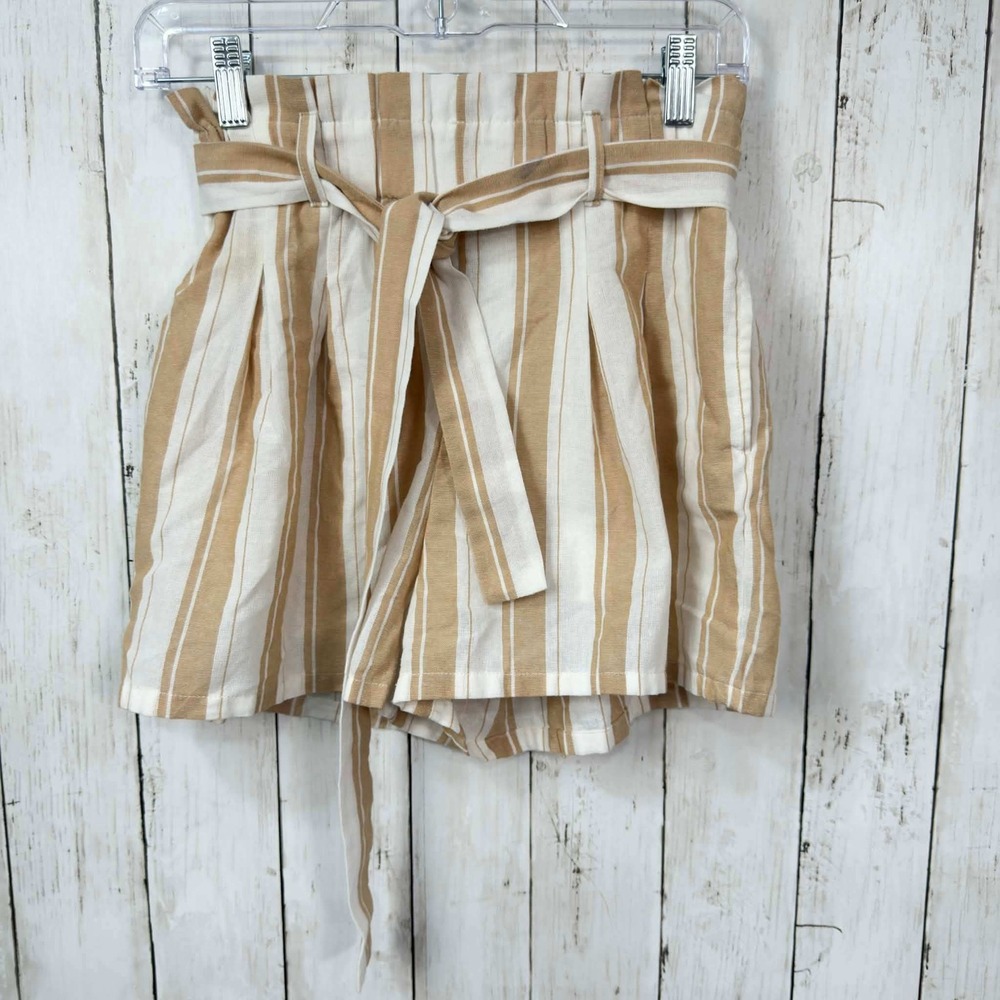 Alya Women's Tan Striped Paperbag Waist Shorts Size S